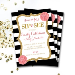 Sip and See Invitation, Sip and See Baby Shower Invitation, Sip & See Invitation, Pink And Gold Baby Shower, Pink and Gold Sip and See image 1