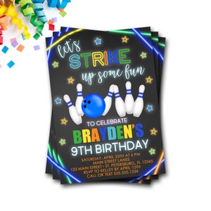  Bowling Birthday Invitation, bowling invitations for kids  birthday, rainbow neon glow bowling Birthday party Invitations, 25 Invitations  Cards and Envelopes, Let's Strike Up Some Fun Bowling Party Invitation  MD1019 