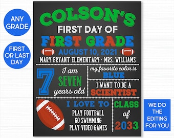 Football First Day of School Chalkboard Sign (Printable Digital JPG)