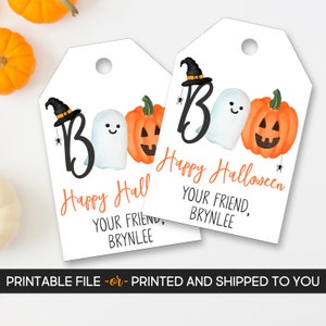 May include: Two printable Halloween gift tags featuring a ghost, pumpkin, and witch's hat. The text on the tags reads "Boo! Happy Halloween, Your Friend, Brynlee".