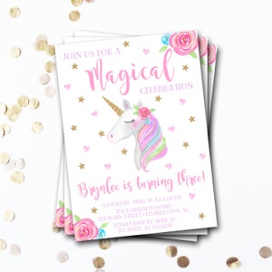 May include: A pink and gold unicorn birthday invitation with a unicorn illustration, stars, and hearts. The invitation reads "Join us for a Magical Celebration Brynlce is turning three!" with details for the party.