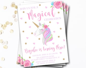 Unicorn Birthday Invitation, Unicorn Invitation, Magical Birthday Invitation, Unicorn Invite, Girl Birthday, Pink and Gold, Unicorn Party