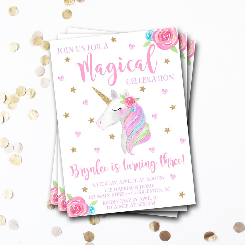 May include: A pink and gold unicorn birthday invitation with a unicorn illustration, stars, and hearts. The invitation reads "Join us for a Magical Celebration Brynlce is turning three!" with details for the party.