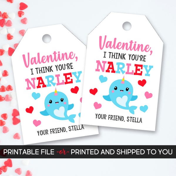Nawrhal Valentine's Day Tag, Narwhal Valentine's Tag, I Think You're Narley, Personalized Valentine's Tag, Printable or Printed Valentine