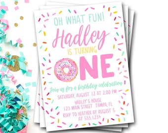 Donut First Birthday Invitation: Pink Sprinkle Party (Digital or Printed)