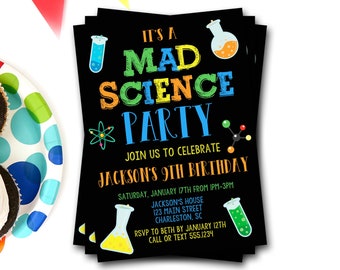 May include: A black and white invitation for a Mad Science party. The invitation features colorful text, a beaker, and a molecule. The text reads "It's a Mad Science Party. Join us to celebrate Jackson's 9th Birthday. Saturday, January 17th from 1pm-3pm. Jackson's House, 123 Main Street, Charleston, SC. RSVP to Beth by January 12th. Call or text 555.1234."