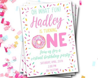 Virtual Birthday Party Invitation, Donut Birthday Invitation, Virtual First Birthday, Social Distancing Birthday Invitation, Online Birthday