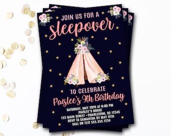 Sleepover Birthday Invitation: Floral Teepee, Girl's Slumber Party (Digital or Printed)