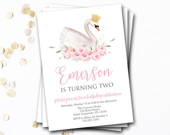 May include: A white swan with a gold crown sits on a bed of pink and white flowers. The text "Emerson is turning two" is written in pink letters. The invitation includes details for a birthday celebration, including the date, time, location, and RSVP information.