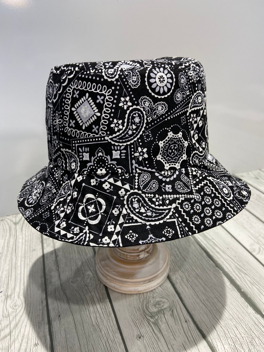 Reversible Bucket Hat Bandana Onyx Paisley or Solid Black 2 Layer 100