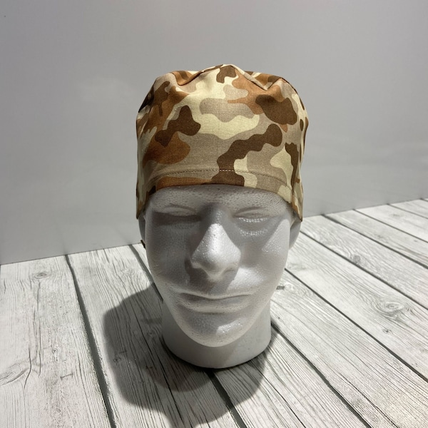 Desert Camo Tieback Scrub Hat | Unisex Surgical Skull Cap | Nurse First Responder Medical Hat | 100% Cotton | One Size | Handmade in the USA