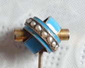 Vintage Antique 9ct Yellow Gold Turquoise Enamel and Real Pearl Stick Pin Cravat Pin