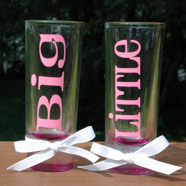 Big Little Tall Shot Glasses with pink glass on the bottom with Bow.  Set of 2 "Big" "Little"