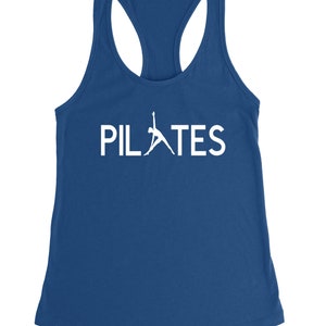 May include: A royal blue tank top with a white silhouette of a person doing a pilates pose and the word "PILATES" in white letters.
