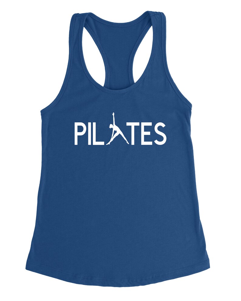 May include: A royal blue tank top with a white silhouette of a person doing a pilates pose and the word "PILATES" in white letters.