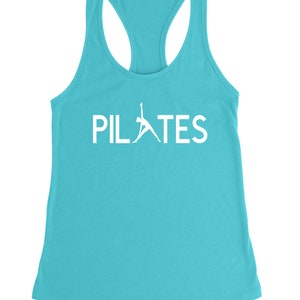 May include: A turquoise tank top with a white silhouette of a person doing a pilates pose and the word "PILATES" in white text.