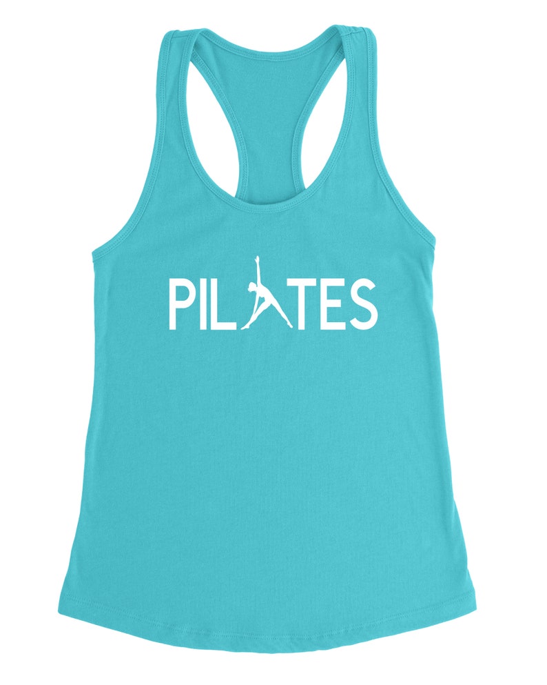 May include: A turquoise tank top with a white silhouette of a person doing a pilates pose and the word "PILATES" in white text.