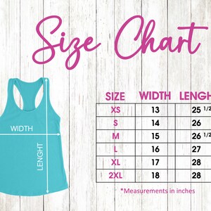 May include: Size chart for a tank top with measurements in inches for width and length. Sizes include XS, S, M, L, XL, and 2XL.