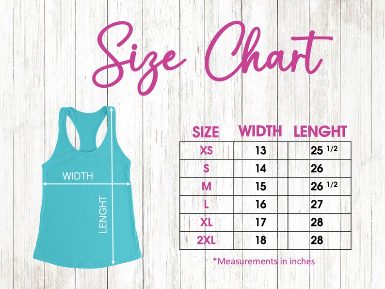 May include: Size chart for a tank top with measurements in inches for width and length. Sizes include XS, S, M, L, XL, and 2XL.