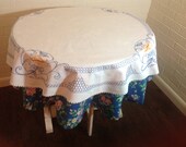 Vintage 43 quot white round table cloth Embroidered round table cloth English tea garden country cottage decor Bridal shower gift