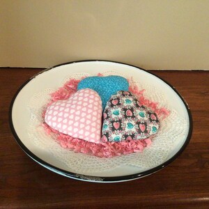 Three Valentine bowl fillers Valentine vase fillers Tiered tray decor Valentine hearts Fabric hearts