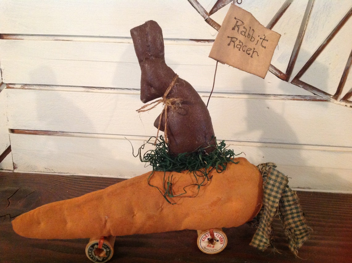 Primitive rabbit racer Chocolate fabric bunny Primitive carrot | Etsy