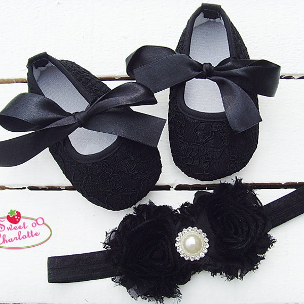 Baby black Lace Shoes and headband set,Baby Shoes,Christening, Baptism, Wedding,Crib Shoes ,Girl shoes, black  Shoes,baby soft sole shoes