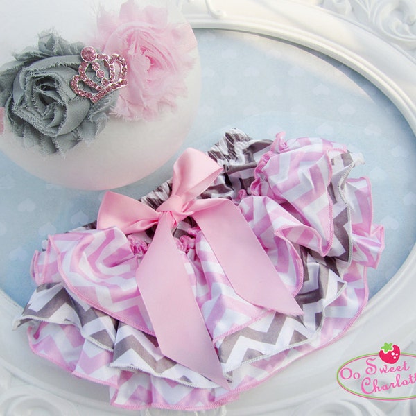 Pink and GRAY Chevron Ruffled Satin Baby Bloomers And PINK CROWN Headband set,Headband And Bloomers - Newborn Photo Prop - Cake Smash Outfit