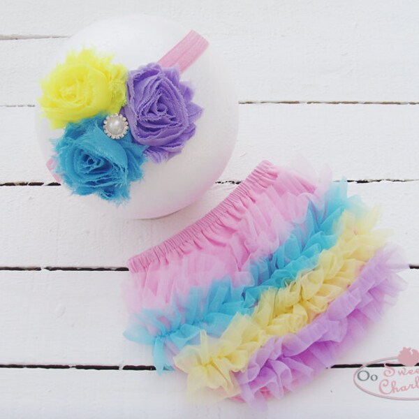 Chiffon Ruffle Bum Baby Bloomer Diaper Cover and Baby Girl Headband Set Rainbow Bloomer - Ruffled Baby Bloomer and Baby Girl Headband set