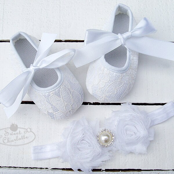 Baby White Lace Shoes and headband set,Baby Shoes,Christening, Baptism, Wedding,Crib Shoes ,Girl shoes,Pink Shoes,baby soft sole shoes