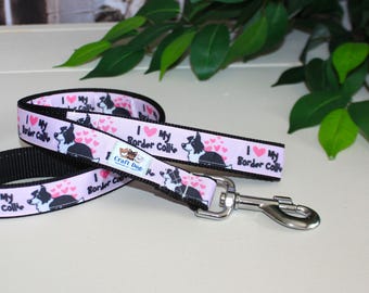 Pink COLLIE LOVE Nylon Dog Leashes with Metal Swivel Snap Hook