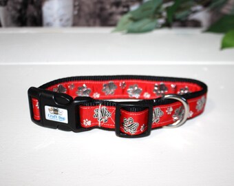 Plastic Buckle Dog Collars - 1" - 3/4" - 1/2" Widths - PERSONALIZED - Red METALLIC PAWS