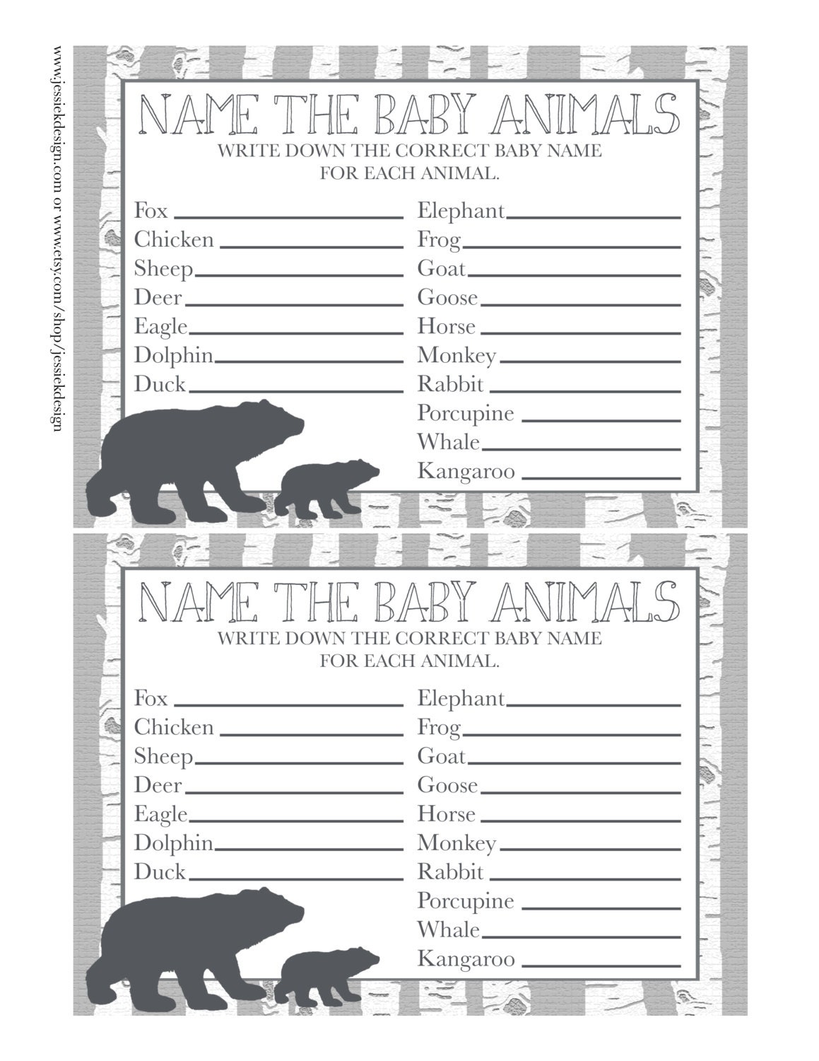 Name the Baby Animals Baby Shower Game Woodland Animal Etsy