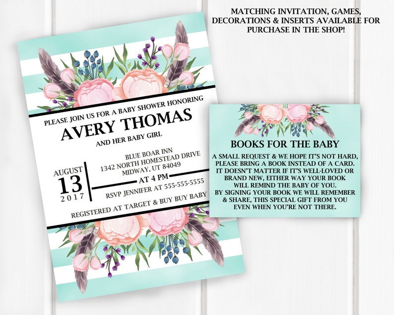 Baby Shower Invitation Teal Stripes with Peonies Baby Shower Etsy