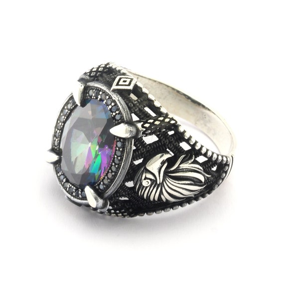 Eagle Claw Mystic Topaz CZ Signet Ring 925 sterling silver