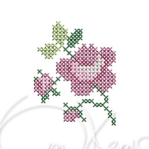 May include: A pink and white flower with green leaves and stems, created with cross-stitch embroidery.