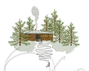 May include: Embroidered design of a cabin in the woods with snow on the ground and a winding path leading up to the cabin. The cabin has a brown roof and white smoke coming from the chimney.