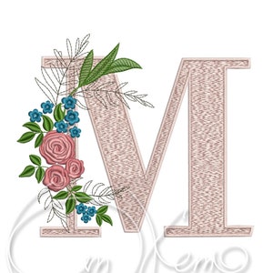 Máquina Bordado Diseño Letra Mayúscula M Rosas Digitalizadas Estilo alfabeto 4x4 7x5 Monograma jef pes hus coser exp pcs dst vp3 xxx