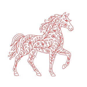 May include: A red embroidered horse design with floral and snowflake patterns. The horse is depicted in a walking pose, with detailed stitching outlining its form and the decorative elements. The background is plain white.