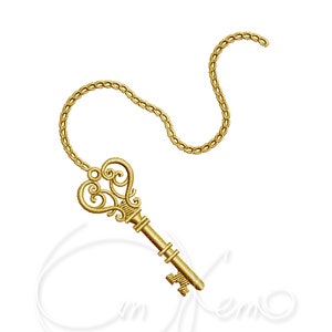 May include: A gold-colored ornate key with a chain attached. The key has a heart-shaped bow and a decorative handle.