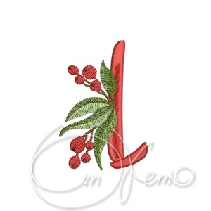 Desenho de bordado à máquina - Letra L, iniciais de natal, sinos de jingle, monograma de natal, letras de natal, azevinho de natal, noel