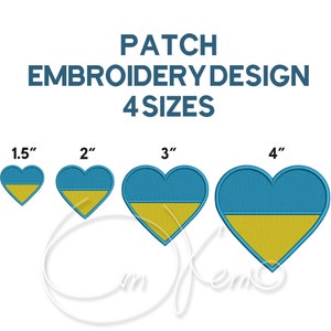 May include: Four embroidery designs of a heart-shaped patch with the colors of the Ukrainian flag. The designs are in four sizes: 1.5 inches, 2 inches, 3 inches, and 4 inches.