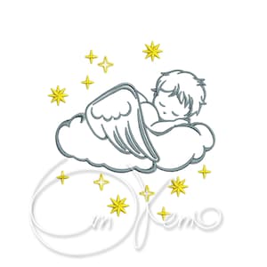 May include: A gray line drawing of a sleeping angel with wings, lying on a cloud. The angel is surrounded by yellow stars.