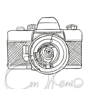 May include: A black and white line drawing of a vintage camera with a detailed lens.