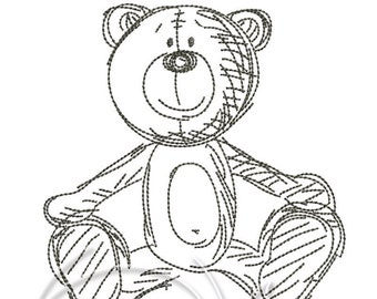 May include: A black and white line drawing of a teddy bear sitting with its legs crossed. The bear has a stitched-on smile and a button nose.