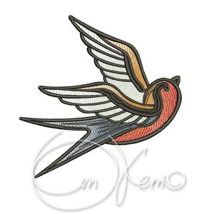 May include: A stylized embroidered design of a swallow in flight. The bird is outlined in black with a red body, yellow and white wings, and a blue tail.