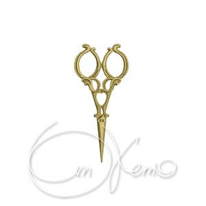 May include: Gold-coloured decorative scissors with ornate handles and a pointed tip.