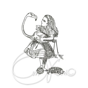 CONCEPTION DE BRODERIE MACHINE - Alice au pays des merveilles, Flaminfo, broderie vintage, Alice jouant au croquet avec flamant rose et hérisson