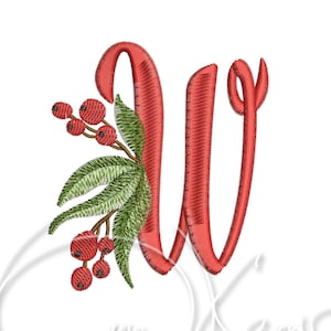 Desenho de bordado à máquina - Letra W, iniciais de natal, sinos de jingle, monograma de natal, letras de natal, azevinho de natal, noel