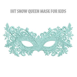 May include: A light blue embroidered mask with a snowflake and floral design. The mask has eye openings and is labeled "IHT SNOW QUEEN MASK FOR KIDS". The mask is designed for children and is set against a white background.